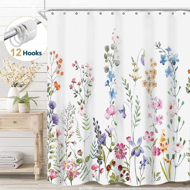 Dznils Cortina Shower de Tela Floral Blanca Cortina de Baño de Acuarela con Ganchos, Rosa, 72 x 72