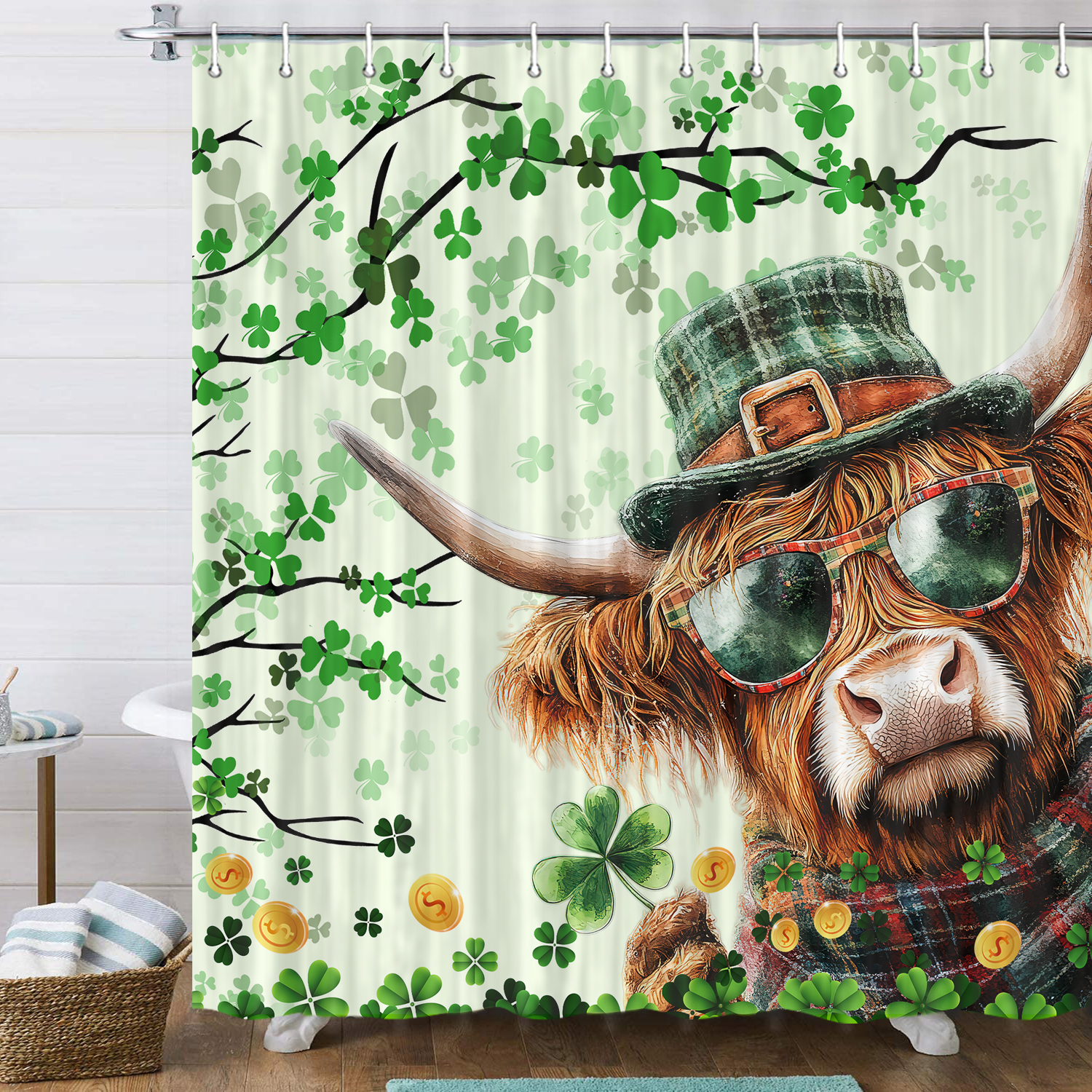 St. Patrick's Day Highland Cow Retro Shower Curtain, Funny Animals Green Clover Board Spring Farmhouse Bathroom Bathtubs Decor, Polyester Shamrock Leaves Bathroom Accessories with Hooks, 69X75in