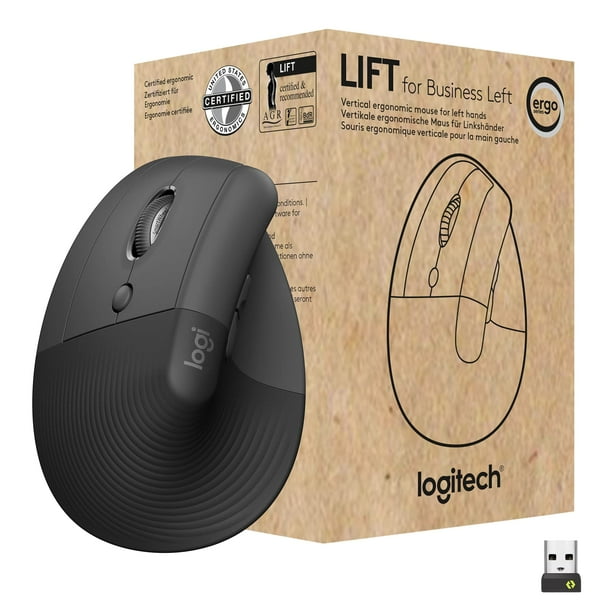 Logitech Elevador para Zurdo de Negocios, Ratón Ergonómico Vertical, Zurdo, Inalámbrico, Bluetooth O Cerrojo Logi Seguro USB, Clics Silenciosos, Grafito