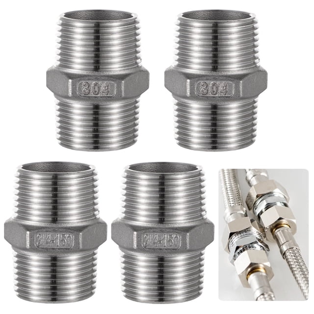 niple hexagonal timcorr 3/4 macho x 3/4 macho 4 piezas acero inoxidable 304 paquete de cuatro niples 3/4" NPT, vista frontal centrada en dos filas; cada accesorio muestra rosca macho en ambos extremos y hexágono exterior con '304' grabado, acabado plata en acero inoxidable 304, incluye recuadro con ejemplos de conexión a mangueras flexibles; a menudo se usan para unir tramos roscados en proyectos de plomería.