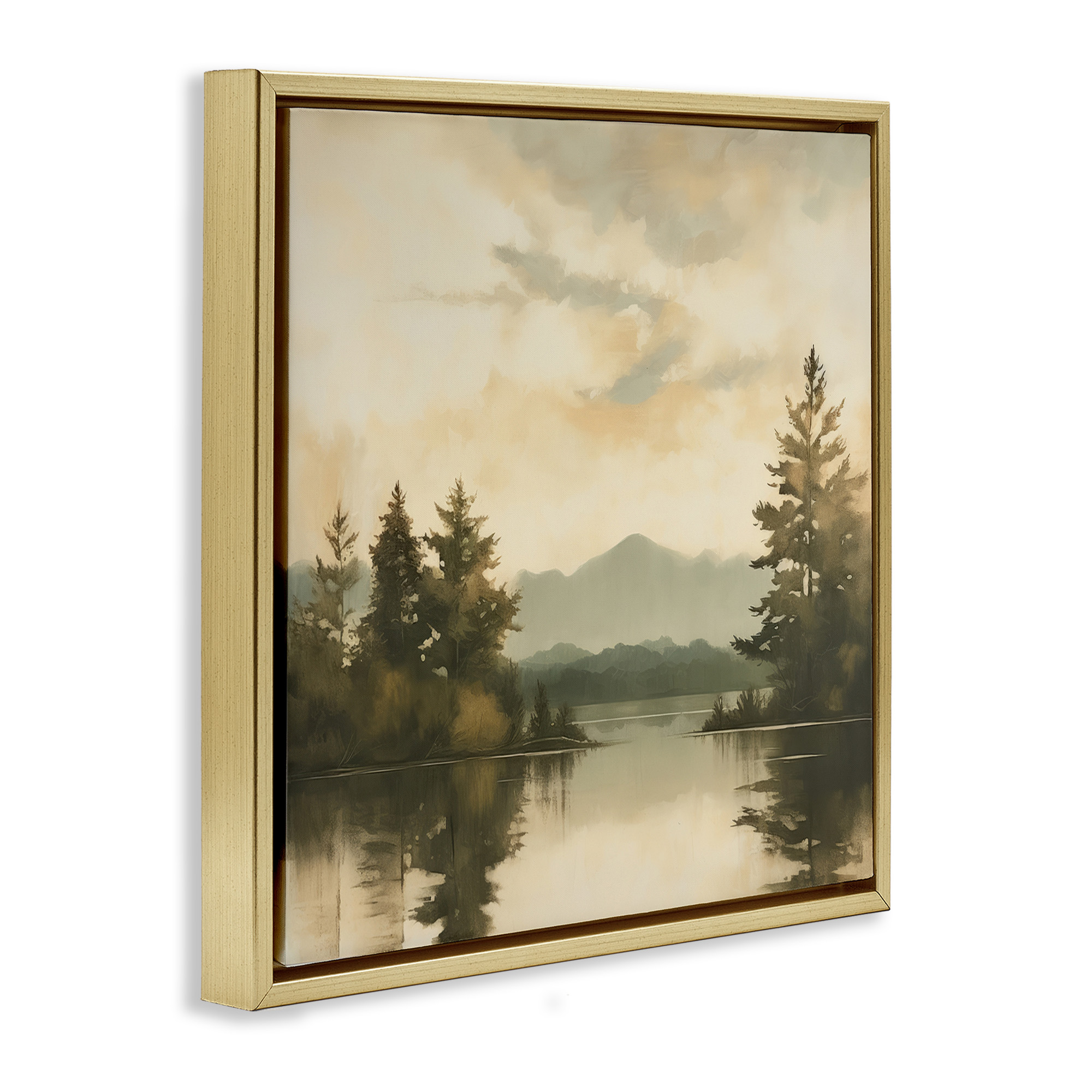 Stupell Industries Soft Beige Mountain Scenery Landscape Painting Gold Floater Framed Canvas Art Print Wall Art, 18 x 18