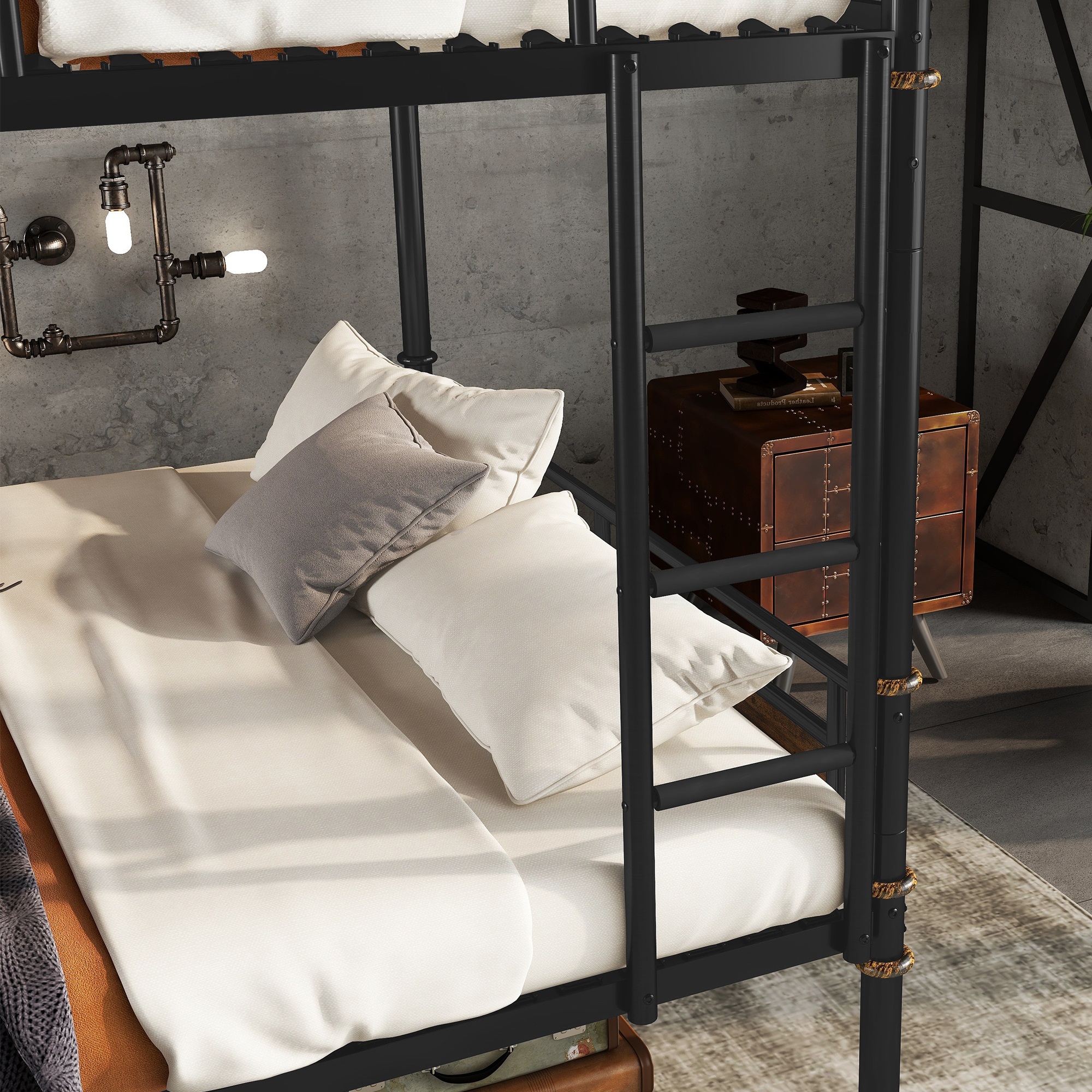 HOQBN Metal Bunk Bed Queen over Queen,Industrial Style Bunk Bed Frame with Safety Guardrails,Black