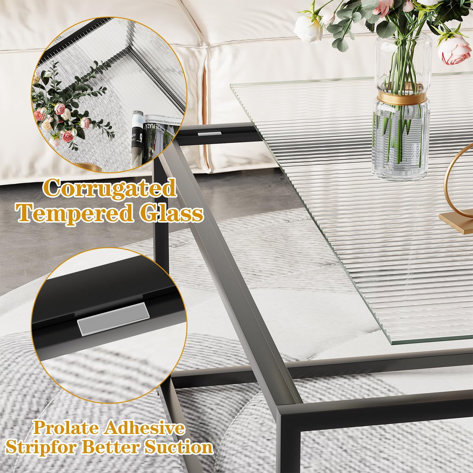 Glass Coffee Table Modern Center Table,Minimalist Coffee Table Sofa Side Tea Table for Living Room,Tempered Glass-top with Sturdy Metal Frame, Easy Assembly,26.4 x 26.4 x 15.7 Inches, Black