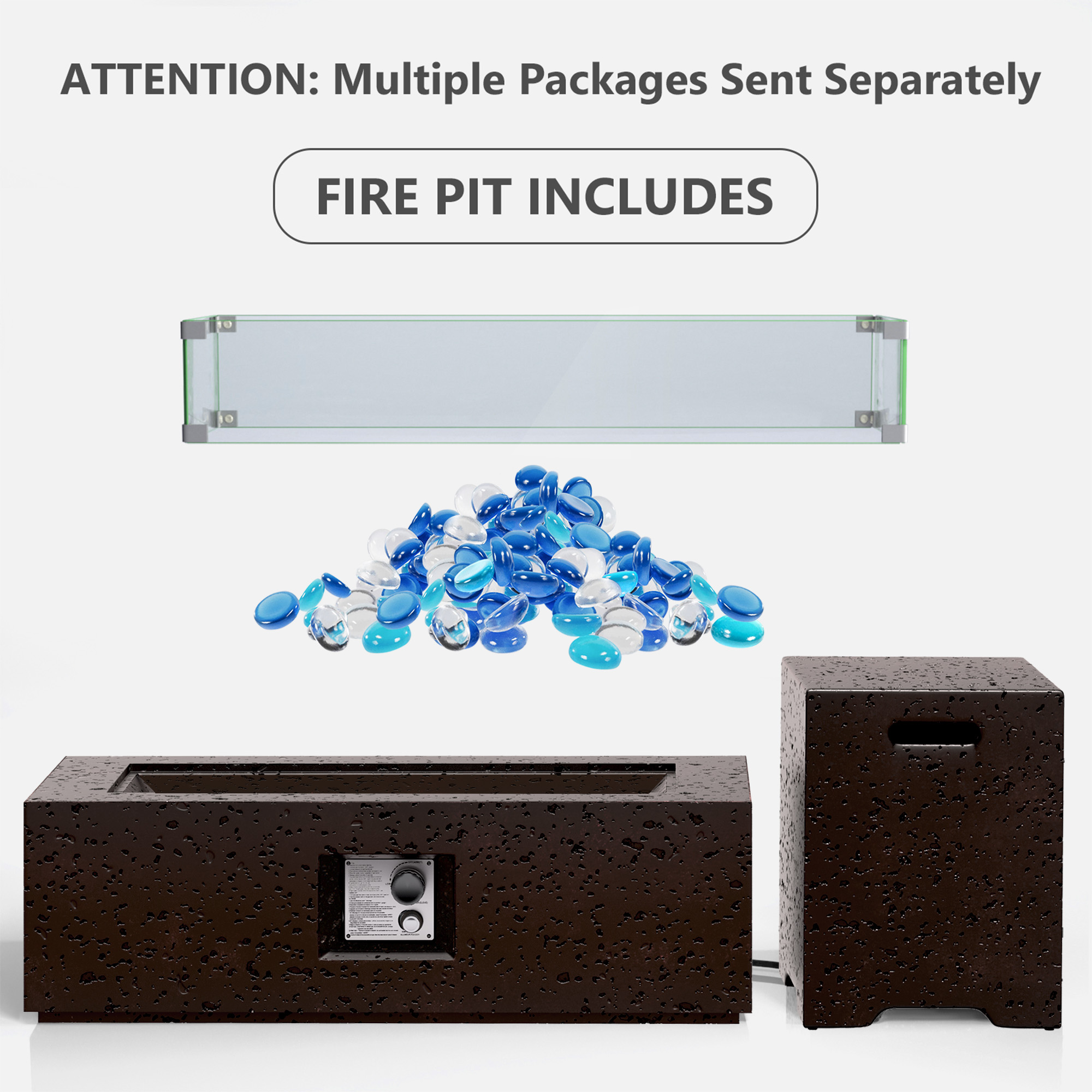 COSIEST 42" Rectangular Propane concrete Fire Pit Table with Wind Guard, Tank Table & Fire Glass​​