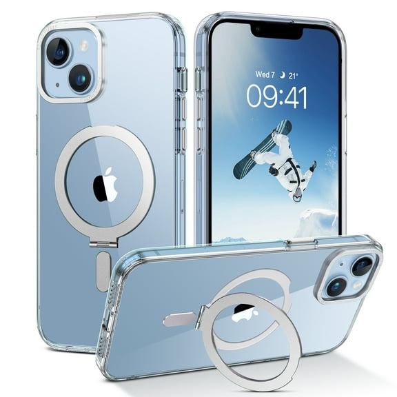 DOMAVER Magnetic iPhone 13 Case / iPhone 14 Case with Stand 6.1", Clear Slim Shockproof Kickstand Phone Case, Compatible with Mag-safe, Full Body Protective Cover, Clear