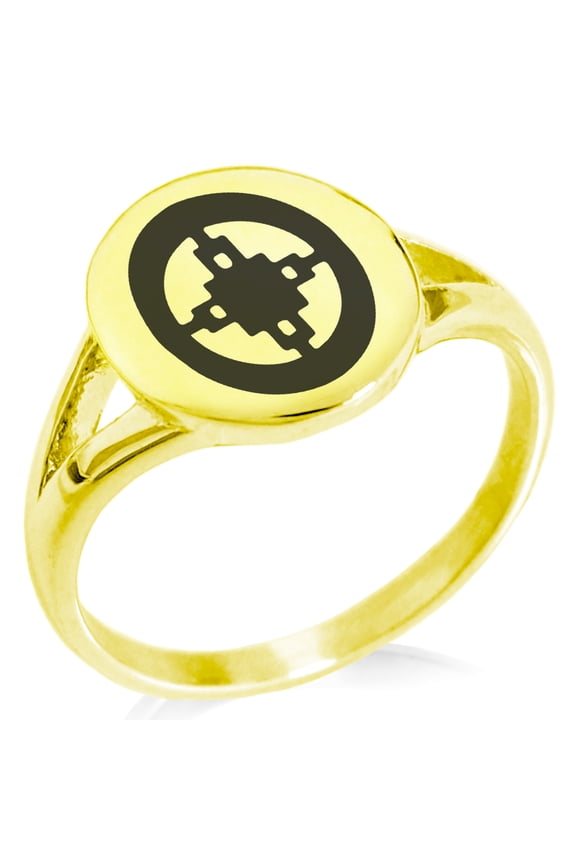 Stainless Steel Aztec Intelligence Rune Minimalist Oval Top Polished Statement Signet Ring