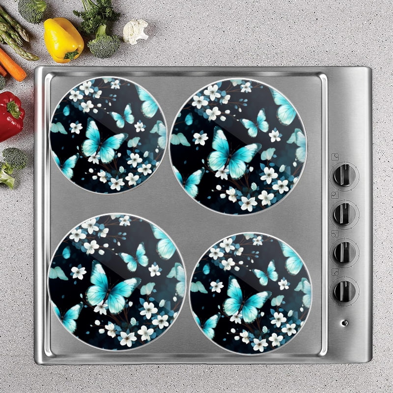 Bahomeck Electric Stove Burner Covers Set Of 4,Beautiful Turquoise Butterflies Flying Around White Flowers Metal Gas Stove Burner Covers,Protecting Gas Stoves,8 Inch And 10 Inch
