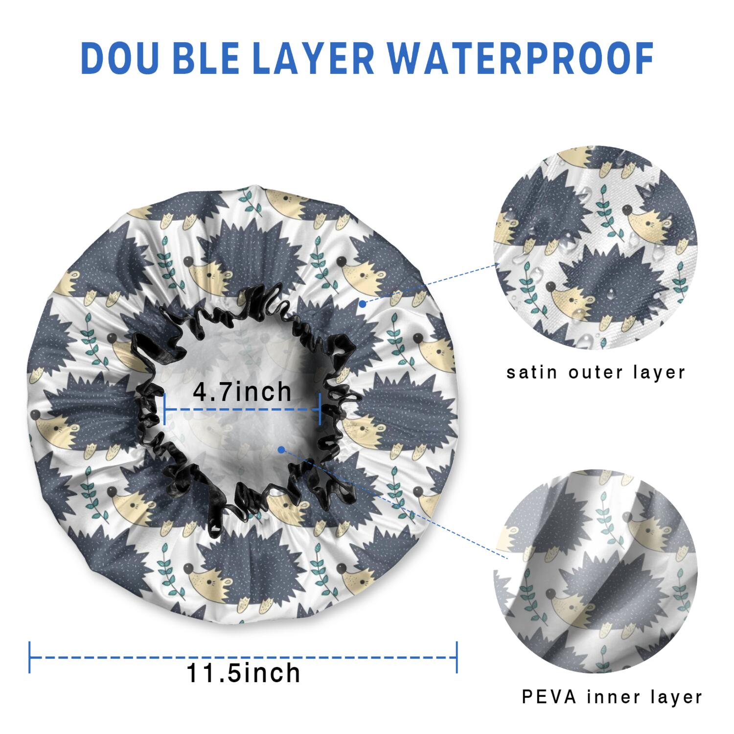 Shower Caps,Black Cute Hedgehog Pattern Waterproof Shower Cap for Women 4 Pieces,Double Reusable Hair Cover for Shower PEVA Elastic Stretch Hem