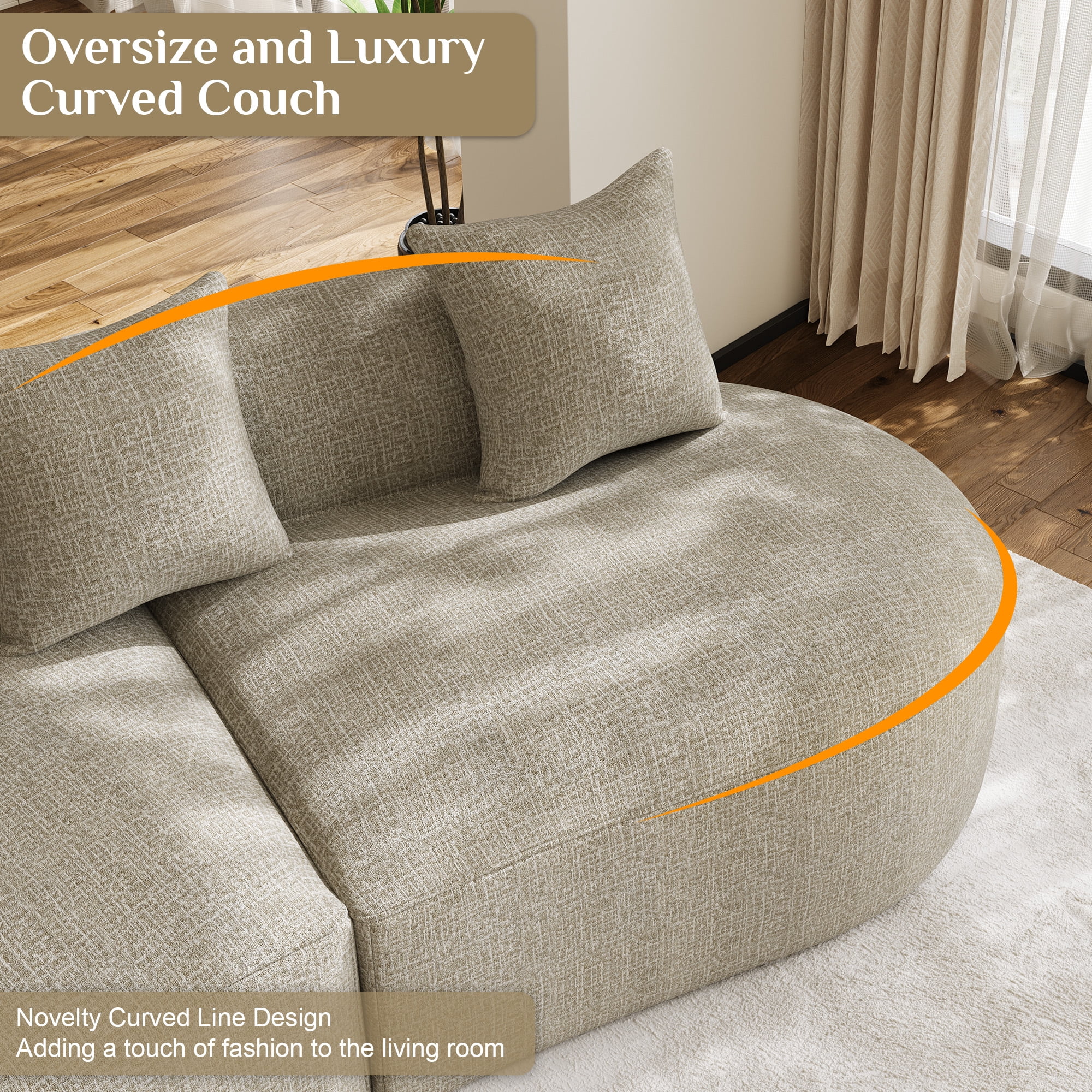 Wiilayok Modern Chenille Sofa,Curved Sofa with Deep Seat,Cloud Compression Sofa Couch for Living Room,No Assembly,Light Brown