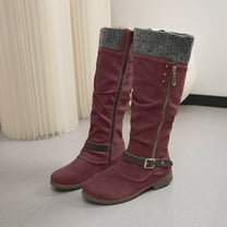 BLTIBY Knee High Boots for Women Knitted Ruched Cuff Snow Boot Side Double Zipper Vintage Winter Booties Low Heel Motorcycle Riding Round Toe Comfortable Tall Boots Red 36