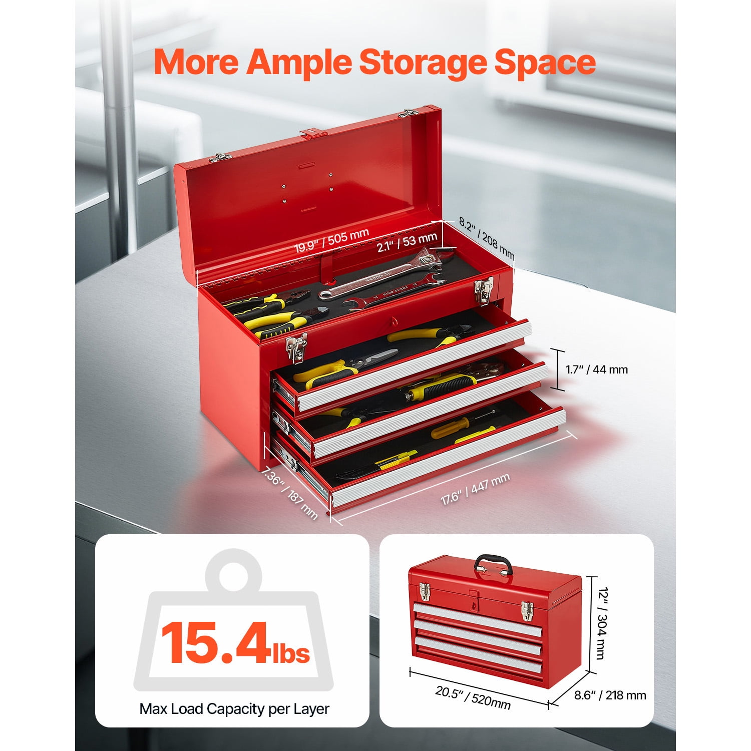 KFFKFF 20.5-Inch Portable Metal Tool Box with 3 Drawers, Small Tool Chest Featuring EVA Liners, Ball-Bearing Slides, Lockable Design, and Powder-Coated Finish, Red Multi-Purpose Organizer