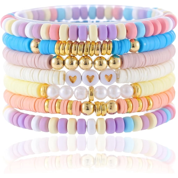 NICKSUN Friendship Bracelets Trendy Heishi Clay Bead Bracelets Stack Gold Beaded Stretch Bracelets for Women Boho Stackable Bracelets Bulk Cute Preppy Jewelry