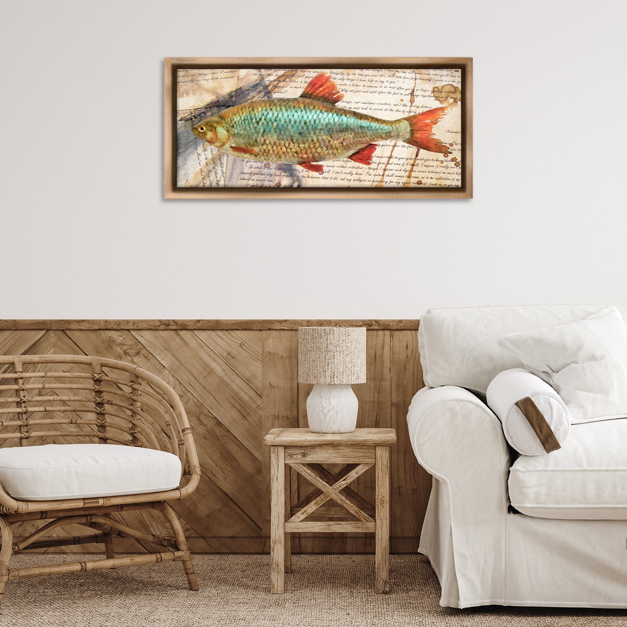 Stupell Industries Vintage Pages & Fish Animals & Insects Painting Brown Floater Framed Canvas Art Print Wall Art, 31 x 14