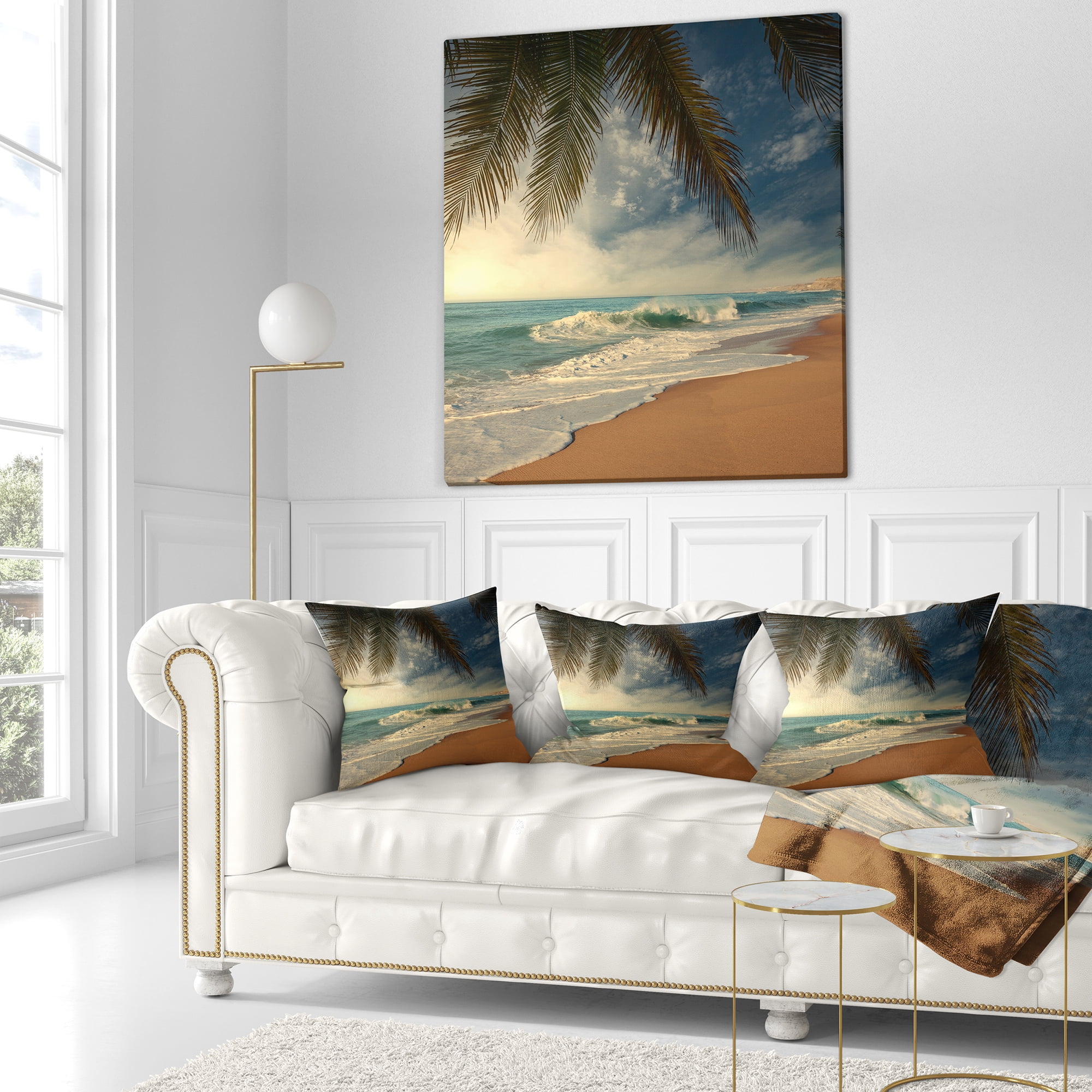 Designart Beautiful Tropical Beach with Palms - Beach Photo Throw Pillow - 16x16