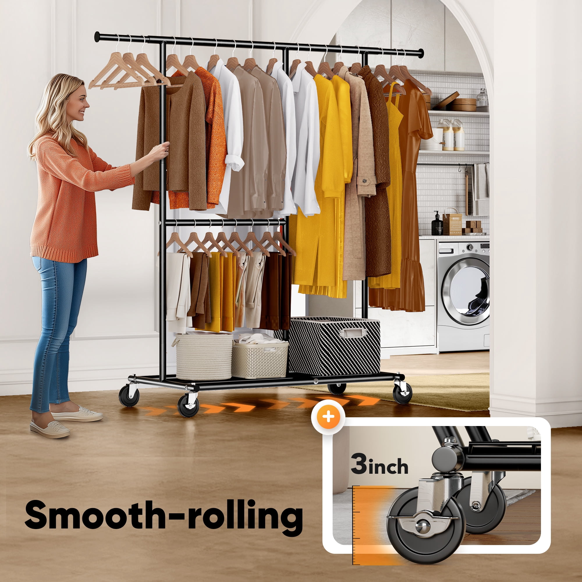 Porte-Vêtements En Métal Suspension Autoportante Avec Double Pôle Étagère De Rangement, Noir Porte-Vêtements En Métal Suspension Autoportante Avec Double Pôle Étagère De Rangement, Noir
