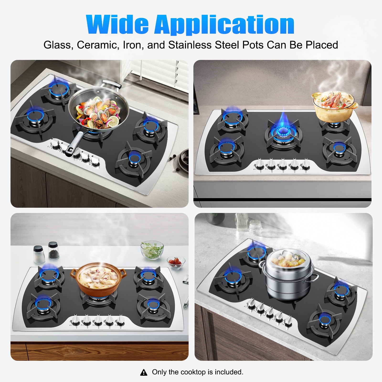 35" 5 Burners Gas Stove Built-In Cooktop LPG/NG Stainless Steel Gas Hob Cooker for Domestic Or Commercial Cooking