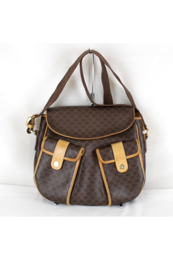Pre-Owned CELINE Macadam pattern pocket shoulder bag, leather, brown, women's.