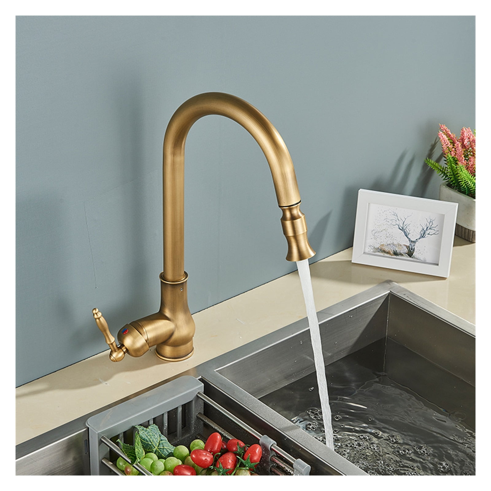 Antique Brass Kitchen Faucet Pull Out Kitchen Sink Faucet Single Handle Faucet 360 Rotate Kitchen Tap Hot Cold Water Mixer Crane ,Easy to Install