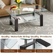 SEGMART Glass Coffee Table, Rectangle Coffee Table, Tea Table, Modern Side Coffee Table with Iron Leg, Glass Tabletop with Lower Shelf, Modern Dining Center Table for Home Living Room Office