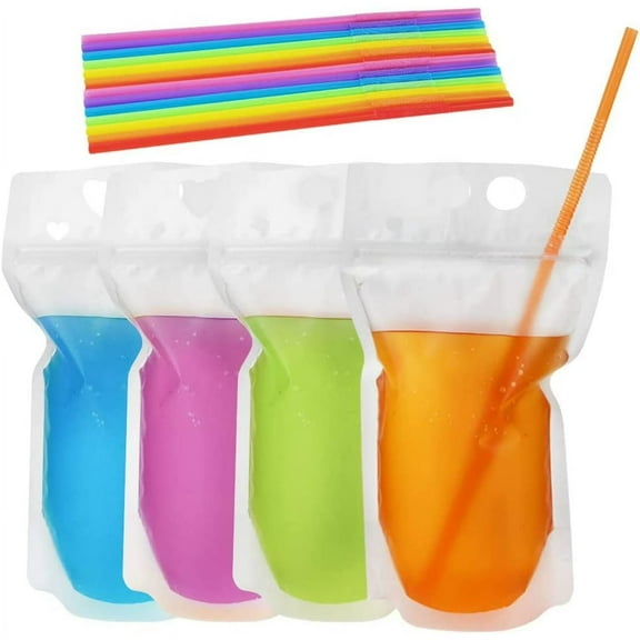 50-Pack Drink Pouches with Straw 500ml - Reusable Beverage Bags, Take-Out Drink Bags, Suitable for Travel, Festivals, Group Dinners