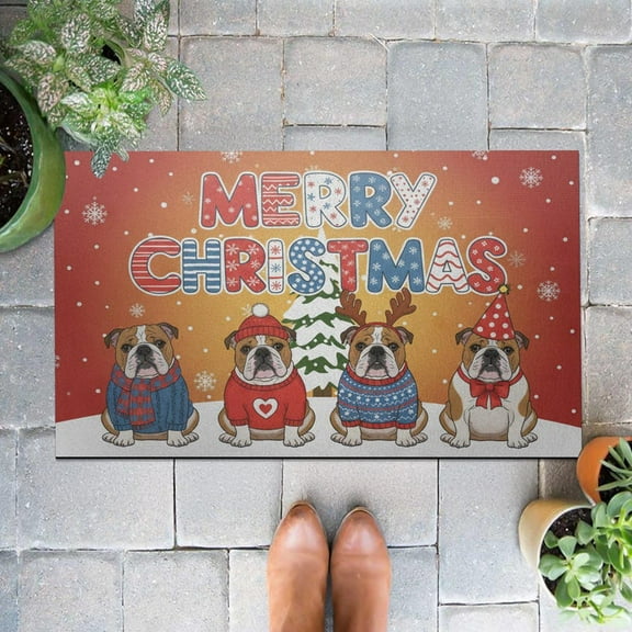 TiniDecor Bulldog Christmas Doormat, 24x16" Holiday Rug, Non-Slip, Indoor/Outdoor