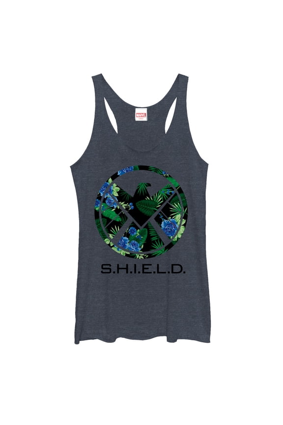 Women's Marvel S.H.I.E.L.D Tropical Print Logo Racerback Tank Top Navy Blue Heather Large