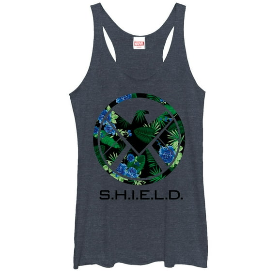 Women's Marvel S.H.I.E.L.D Tropical Print Logo Racerback Tank Top Navy Blue Heather Large