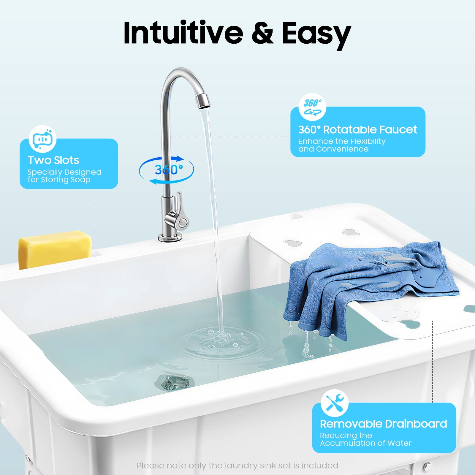 Freestanding Plastic Laundry Sink, Utility Sink Laundry Tub with Faucet, Indoor and Outdoor Utility Sink Hoses and Drain Kit, Slop Sink Wash Station for Garage/Basement/Garden