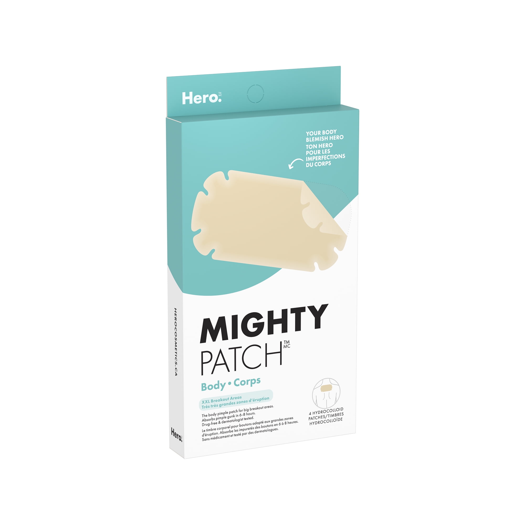Hero Cosmetics Timbre Mighty Patch Corps de Hero Cosmetics – Le très grand timbre hydrocolloïde pour les boutons sur les zones TTG, pour la peau sensible, 4 unités