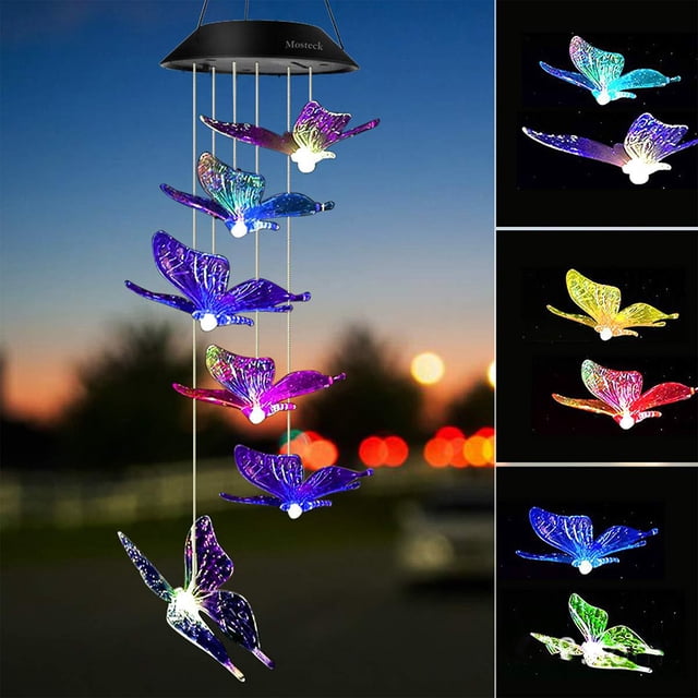 Lámpara colgante IP65 con cambio de color de luz de mariposa con carillón de viento solar LED (C)