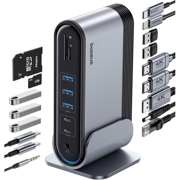 Baseus 17-in-1 Triple Monitor Laptop Docking Station, 4K HDMI DP USB C Desk Dock with 7 USB, Gigabit LAN for Mac HP