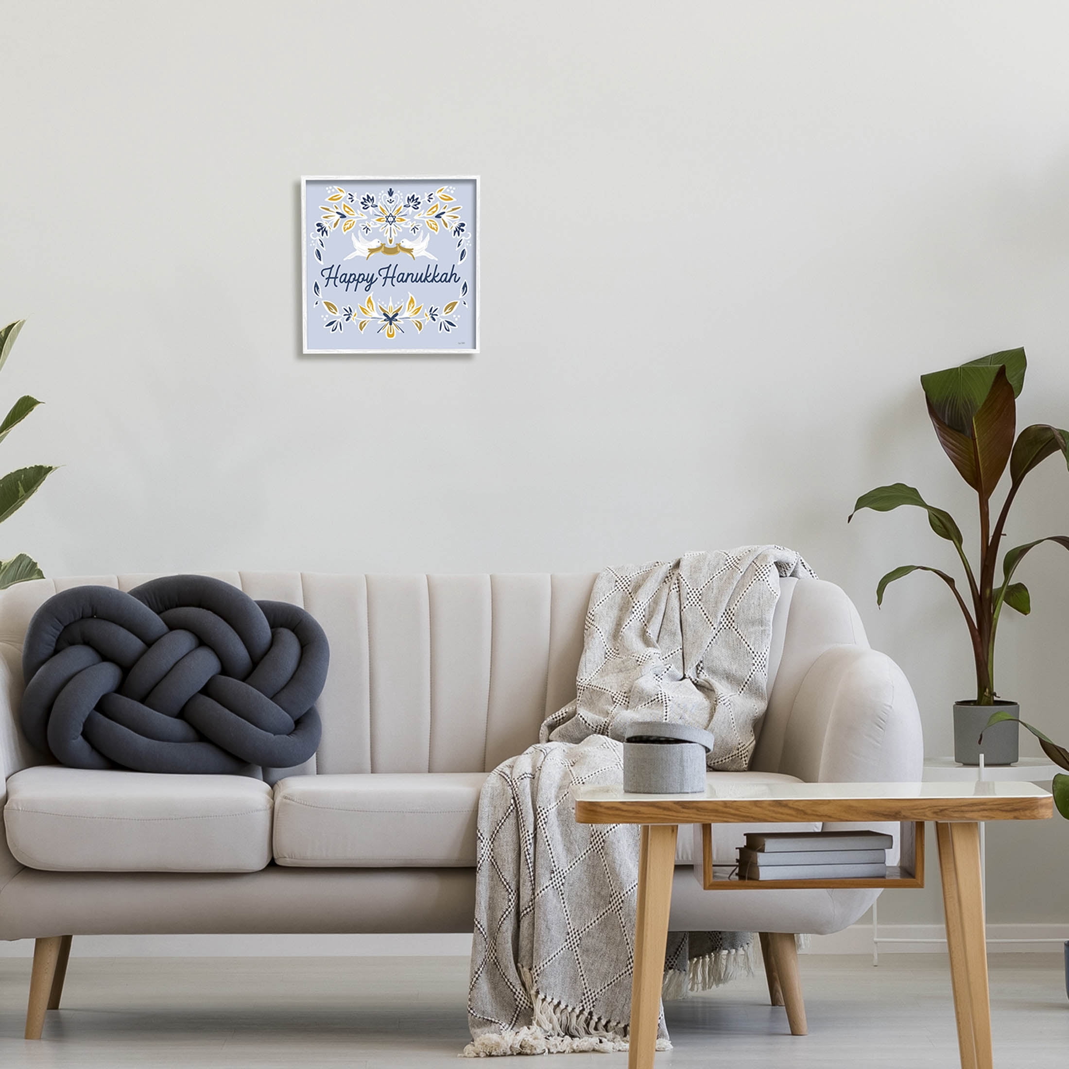 Happy Hanukkah Floral Doves Banner Holiday Graphic Art White Framed Art Print Wall Art