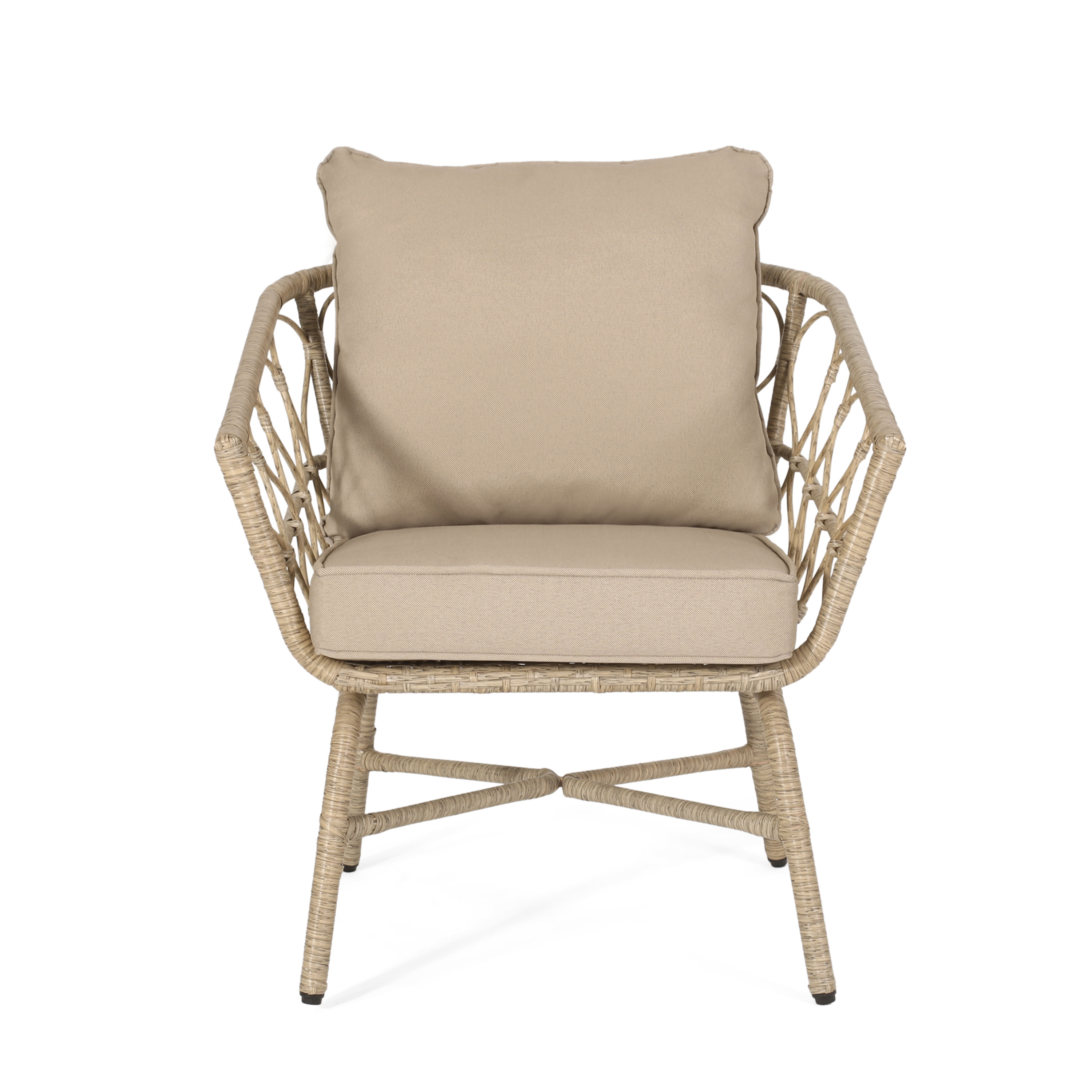 3-Piece Outdoor Bistro Chat Set with Light Brown PE Rattan and Beige Cushions, 2 Armchairs and Round Side Table for Patio Garden, Brown