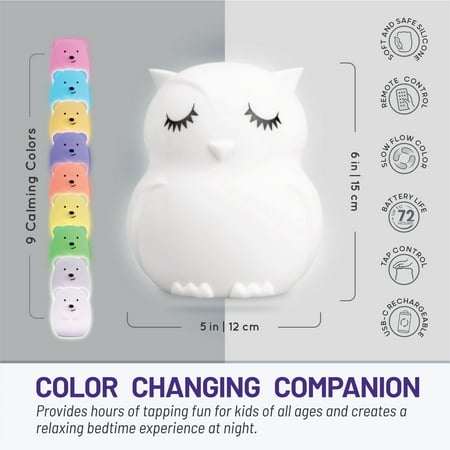 LumiPets - Kids' Night Light Owl Lamp with Remote - White
