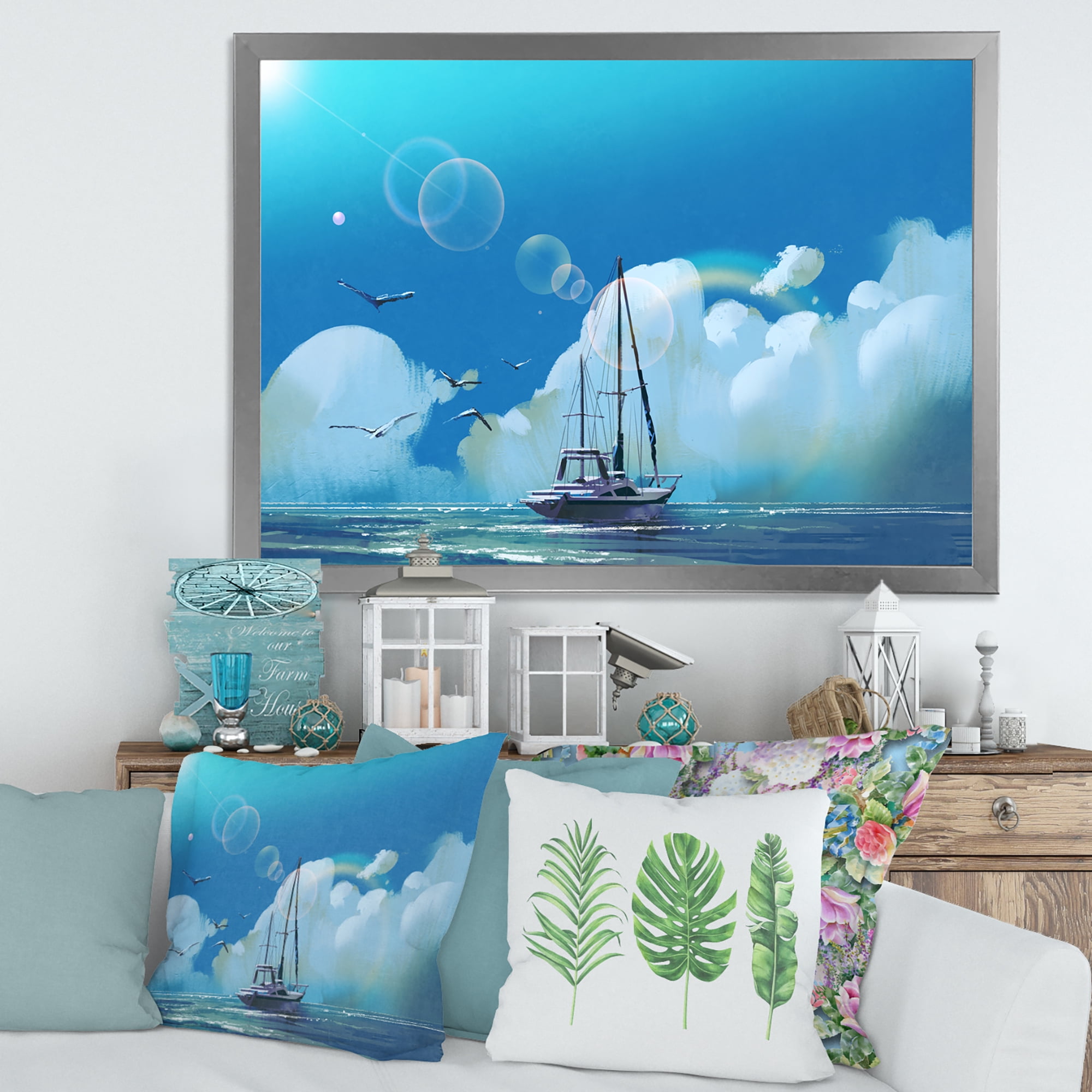 Designart 'The Sailboat On The Blue Sea Against Summer Clouds Sky' Nautical & Coastal Framed Art Print
