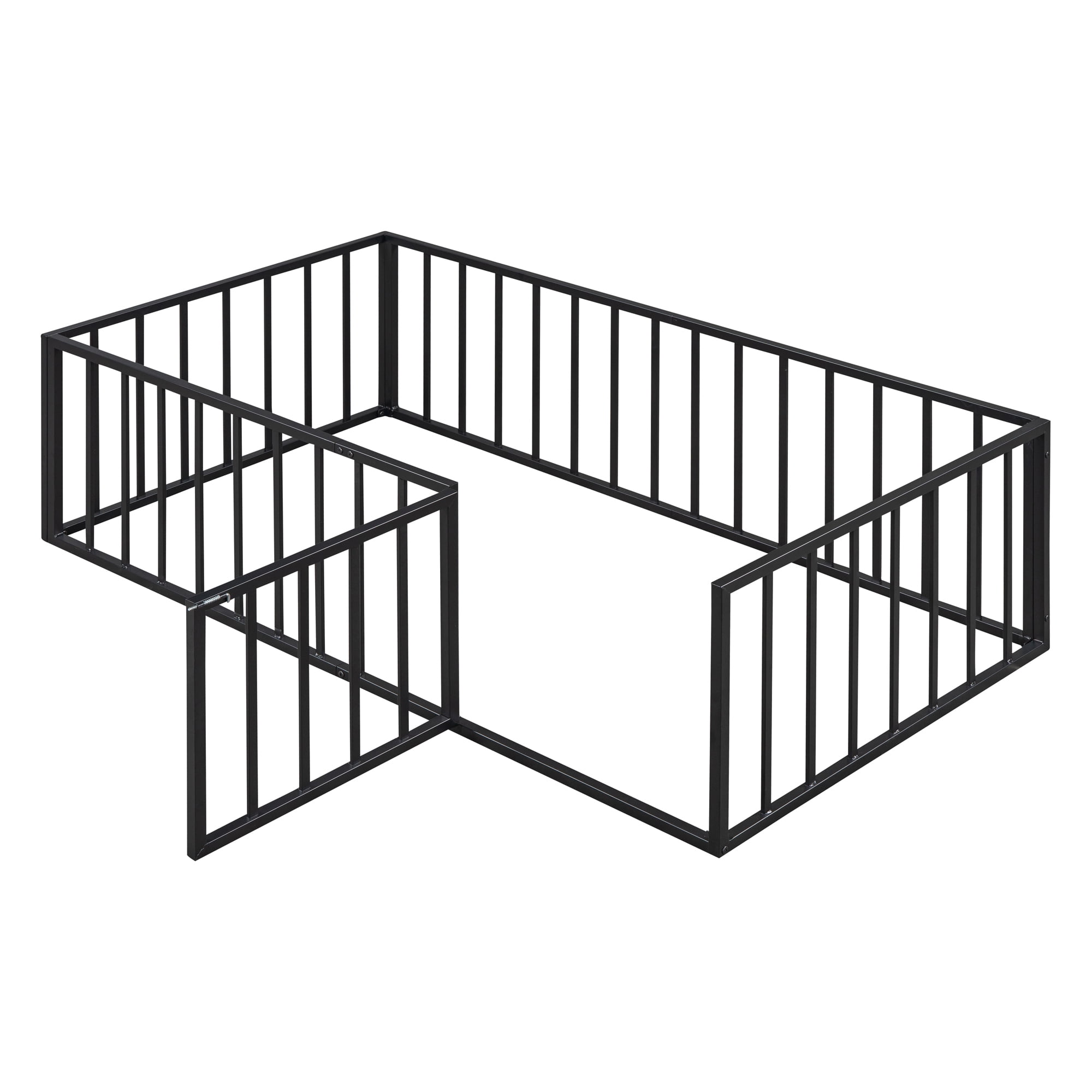 Twin Size Floor Bed for Kids, Metal Montessori Floor Bed with Fence Guardrails and Door, Kids Montessori Bed Frame Toddler Bed for Boys Girls, No Slats