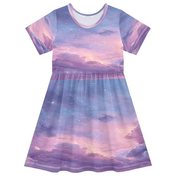 Toddler Girls Short Sleeve Summer Dress, Cute Casual Print Dress for Girls 2-8 Years, Soft Breathable Comfortable Daily Beach Party Dress Cotton Candy Dawn Sky