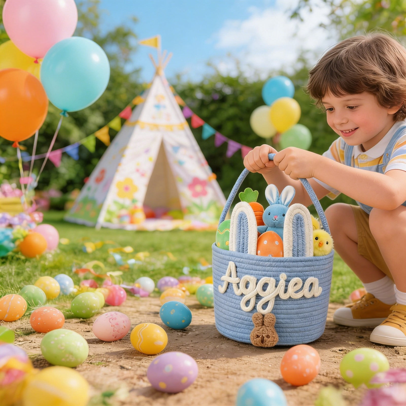 Personalised Easter Basket, Easter Basket 3D Cord Embroidery Technology, Easter Nest for Filling for Boys and Girls, Not Include Dolls (Rabbit Design)