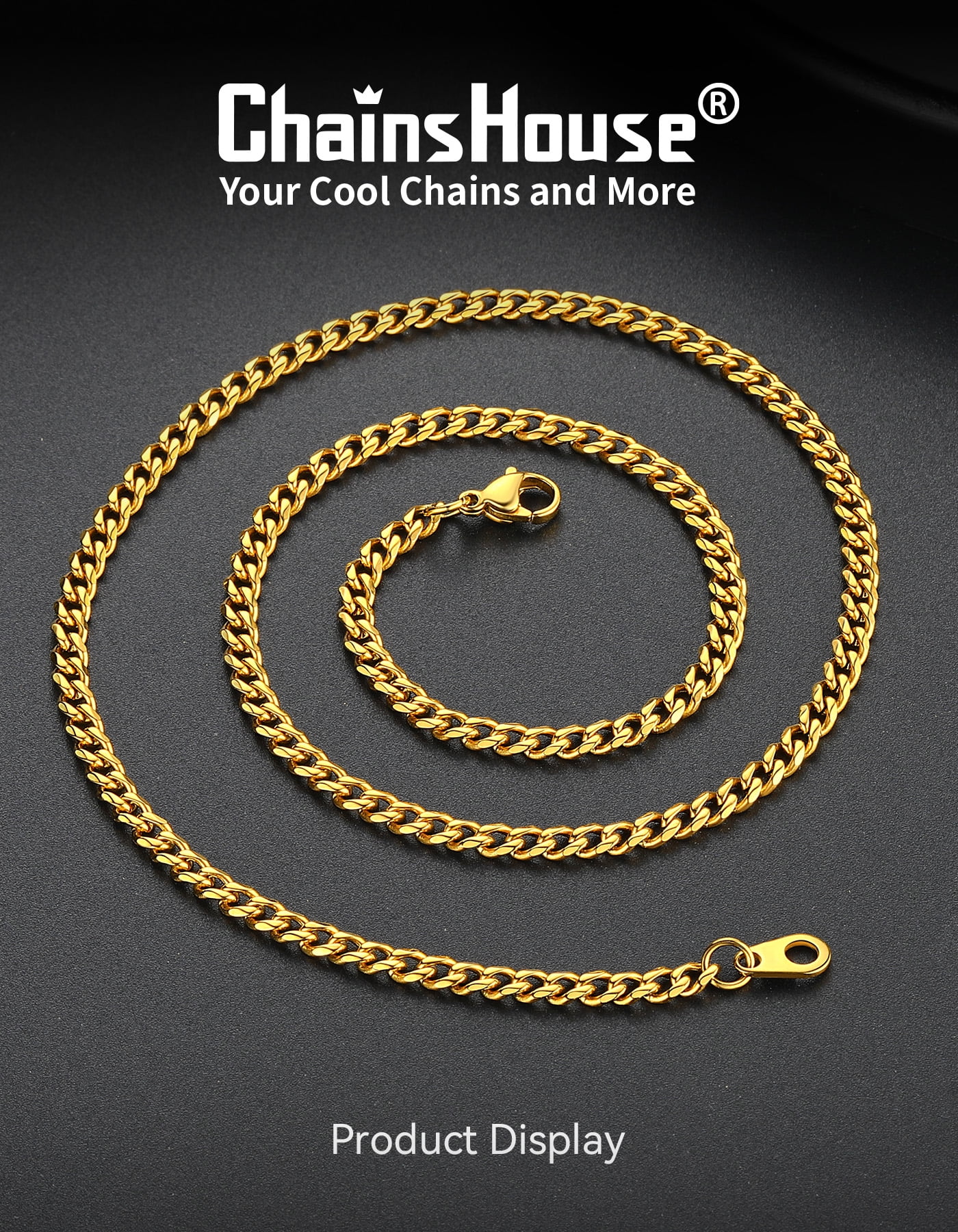 ChainsHouse 14k Gold Plated Cuban Link Chain Necklace for Men Women Stainless Steel 3mm Chains Choker Necklaces Mens Jewelry Gift, 22 Inches
