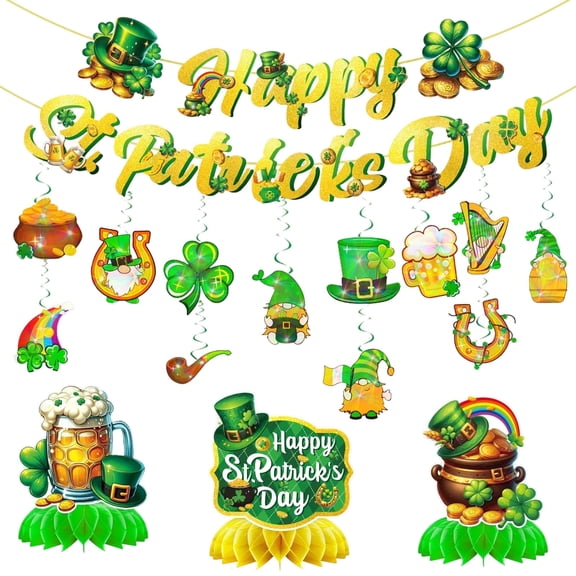 Tumao St Patricks Day Party Supplies, 16Pcs St Patricks Day Party Decorations Set Include Themed Banner Hanging Swirls Honeycomb Centerpiece