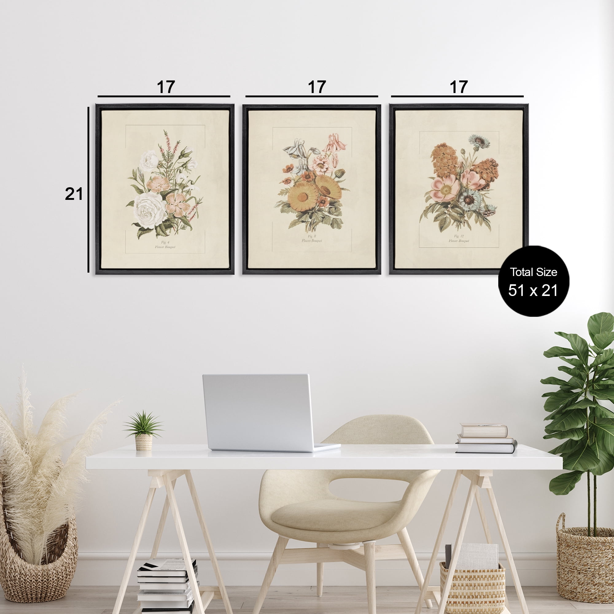 Stupell Industries Neutral Bouquet Studies 3 Piece Black Framed Floater Canvas Set, design by Dan Meneely