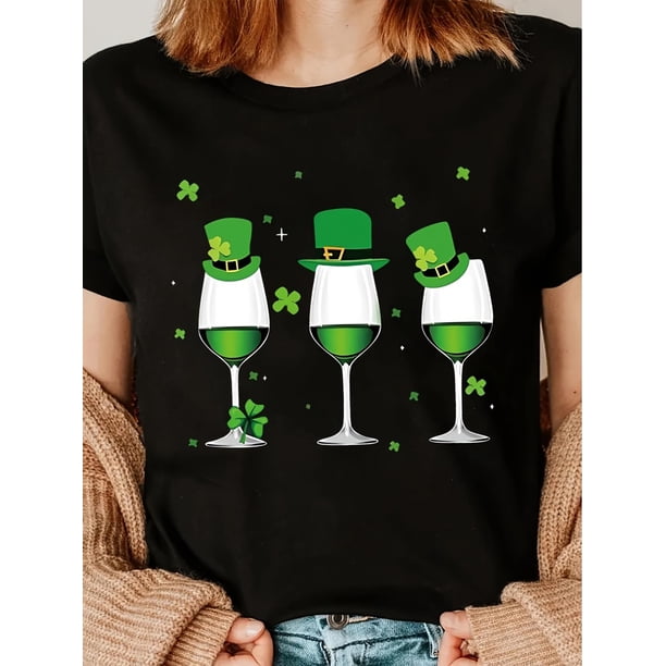 Women's St. Patrick's Day T-Shirt, 100% Polyester Crew Neck Short Sleeve Tee with Green Hat and Goblet Print, Casual Knit Fabric Top for All Seasons