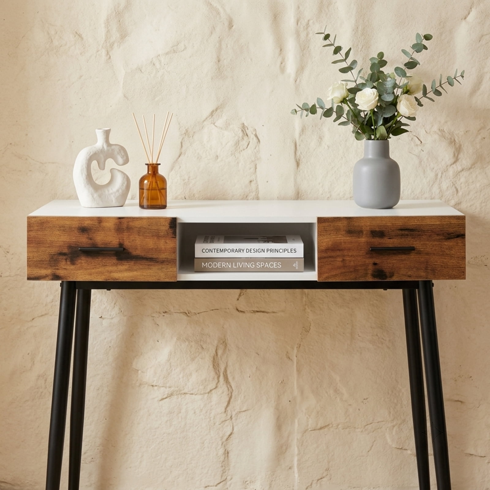 Furnibear 42 Inch Industrial Console Table with 2 Drawers and Open Shelf for Entryway Hallway Living Room and Behind Sofa, Black