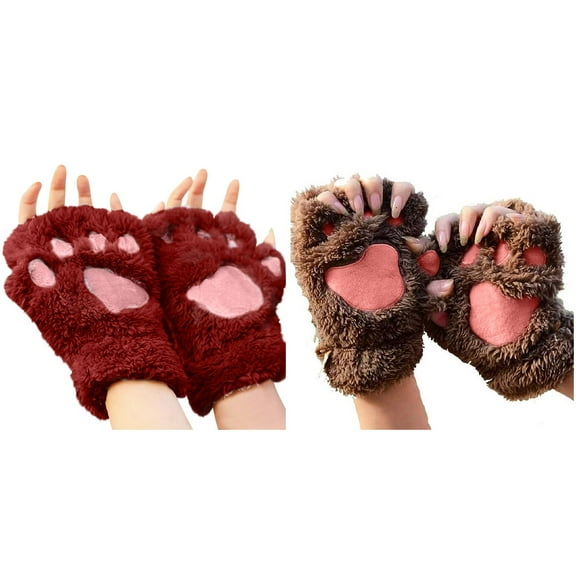 2-Pack,New Women's Cat's Claw Gloves Plush Ski Gloves Mittens Men Half-Finger Bear's Paw Fingerless Gloves Mittens Cold Weather Gloves Cute Thick Halter Gloves Cartoon Warm Gloves Brown &