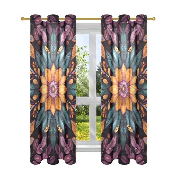 Window Curtain Panels Cotton Linen Decorative Curtains - Symmetrical Colorfull Blossom PatternWindow Shade Backdrops for Home Office Sunroom Country House