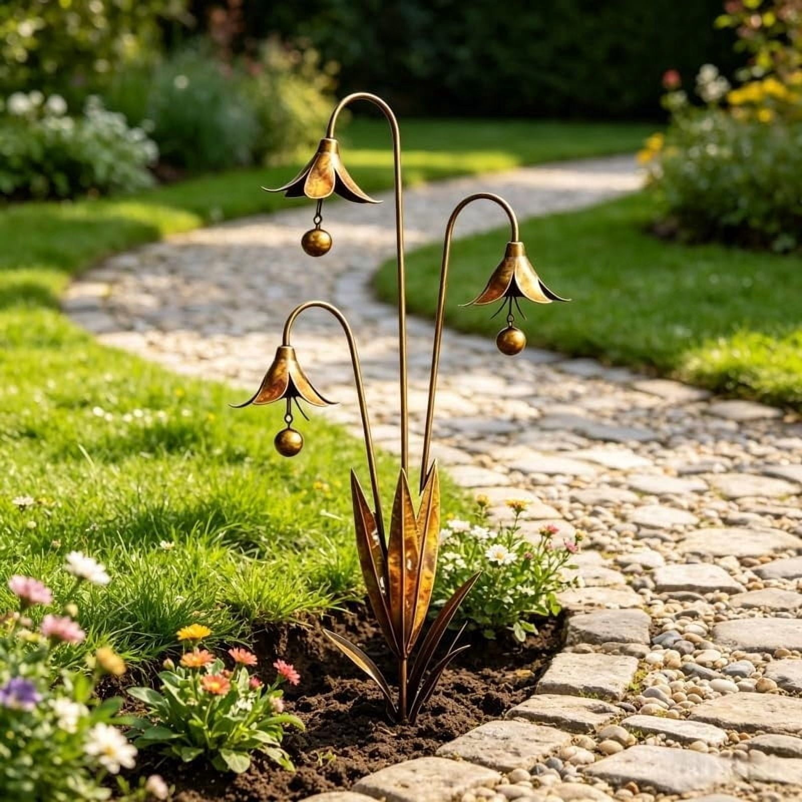 Three Bluebells Garden Stake with Bells, Flamed Copper Rain Catcher Flower Outdoor Yard Decoration, Metal Plant Sculpture Yard Art Decor, Rustic Wind Chime Ornament Gift