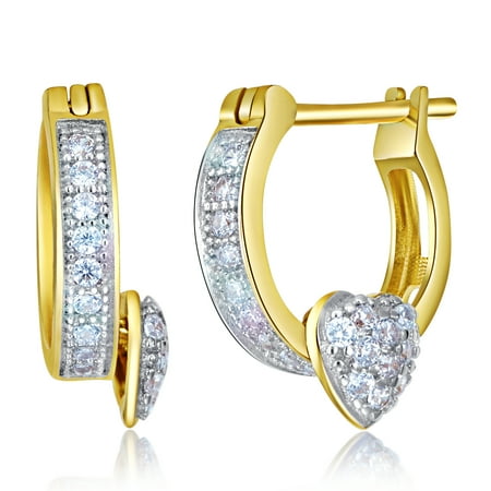 Wellingsale Ladies 14k Yellow Gold Polished 2mm Heart CZ Hoop Huggies Earrings (10 x 10 mm)