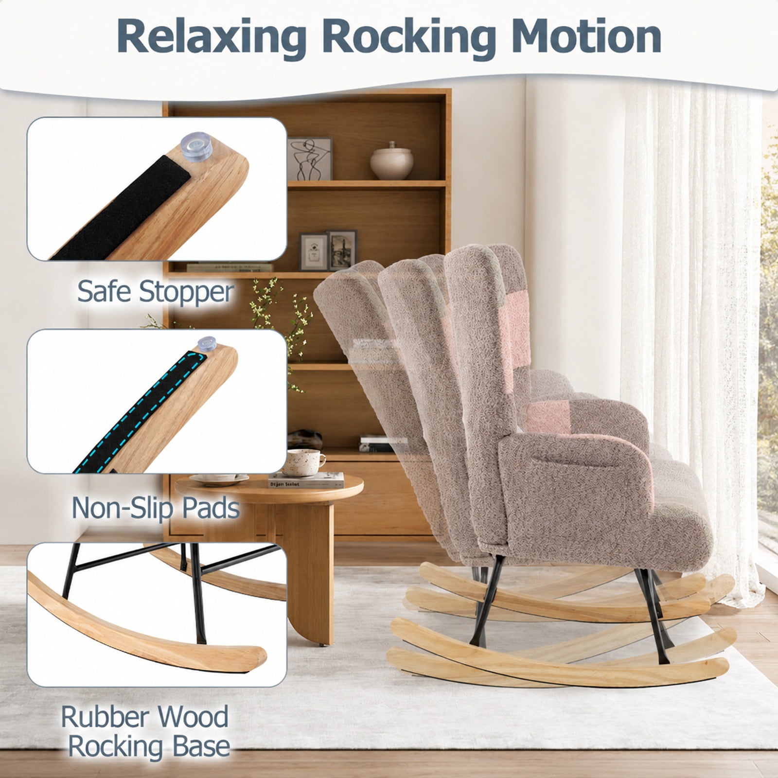 Furnibear Nursery Rocking Chair with Boucle Upholstery Ergonomic Armrests and High Backrest for Living Room Bedroom and Nursery, Colorful