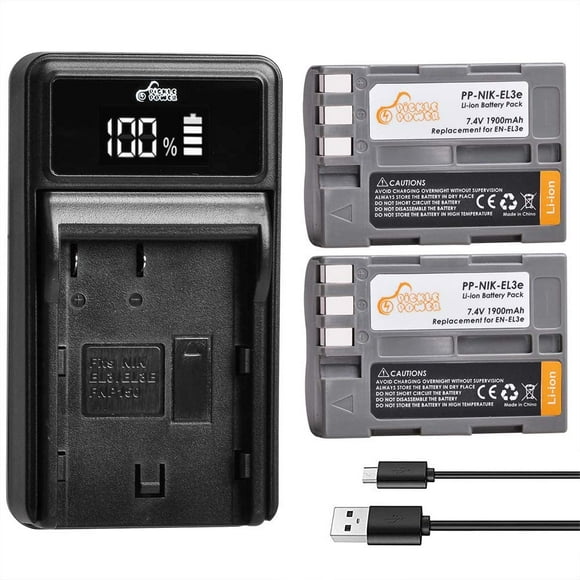 Pickle Power 2 Pack Batterie EN-EL3E et Chargeur LED pour Batterie Nikon EN-EL3E, Nikon D50, D70, D70S, D80, D90, D100,