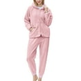 thumbnail image 1 of Timegard Womens 2 Piece Pajamas Fleece Linen Hooded Drawstring V Neck Zip up Jackets Cinch Bottom Pants with Pockets Sets, 1 of 2